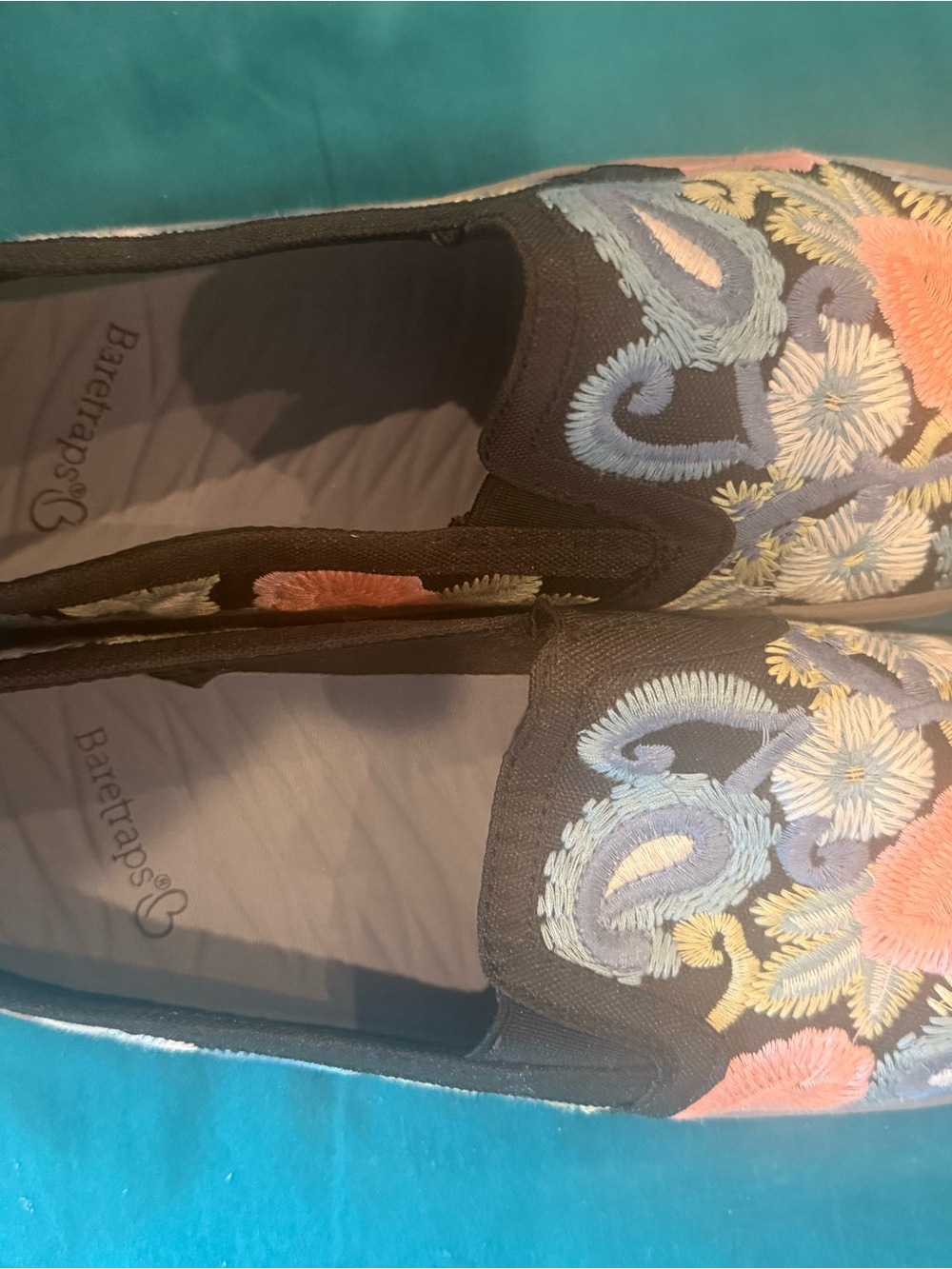 BareTraps Black Slip-On Loafers with Multicolor Floral Embroidery
